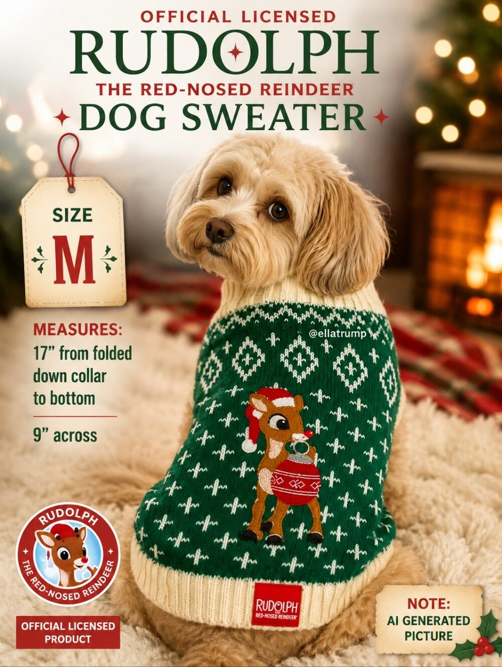 Official Licensed Rudolph the Red-Nosed Reindeer Holiday Dog Sweater Medium